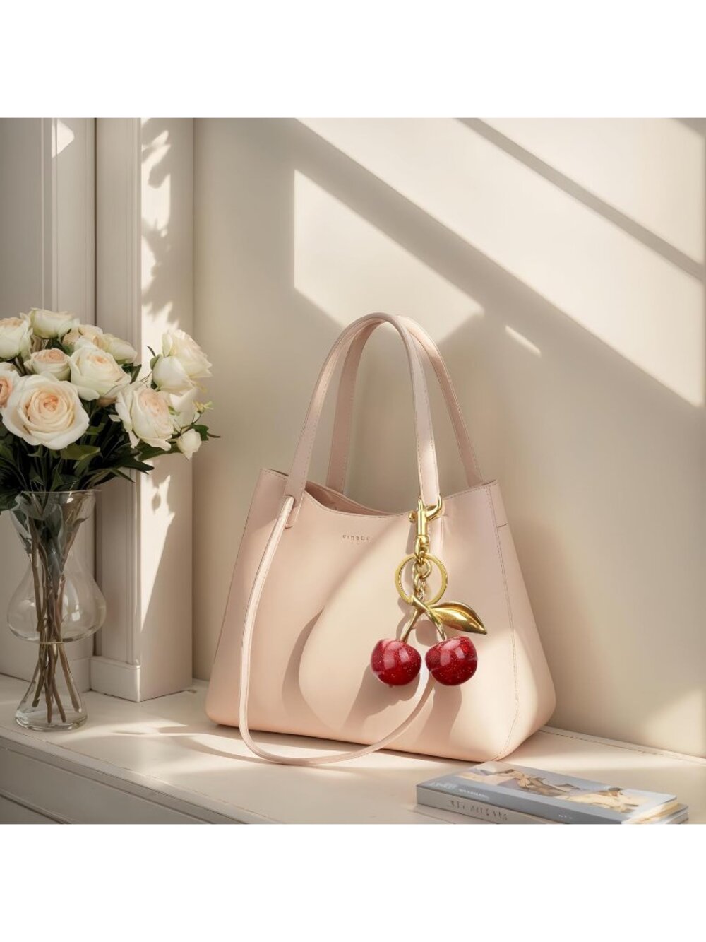 Red Cherry Keychain Charm with Glitter Cherries and Gold Leaf Bag Accessory - Picture 3 of 6